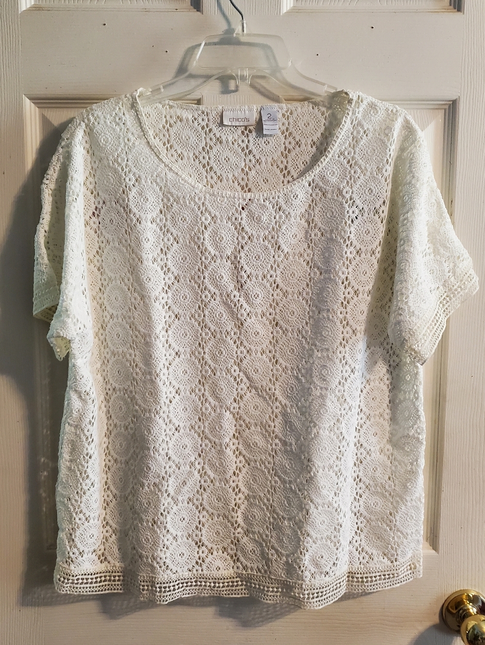 5 for $25 | Chico's Cora Crochet Lace See-Through Short Sleeve Blouse Top